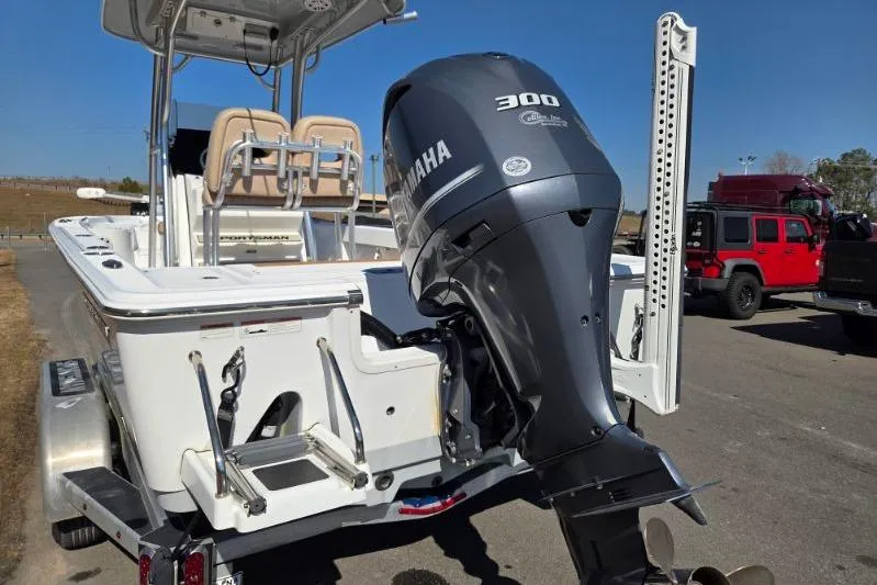 Slide: The Image of 2019 Sportsman Masters 247 Bay Boat with Yamaha 300 engine on trailer. - 4