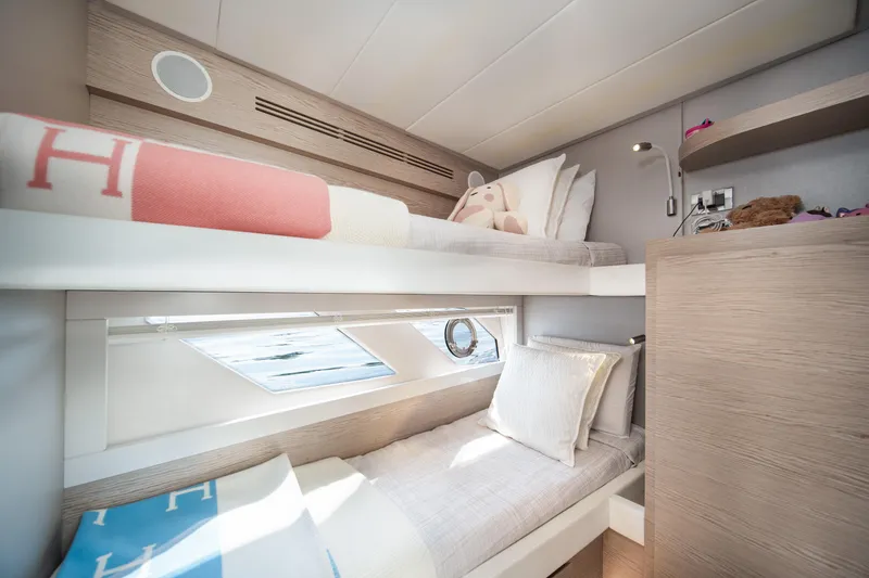 Slide: The Image of Luxurious 2019 Filippetti S55 yacht cabin with cozy bunk beds and modern decor. - 30