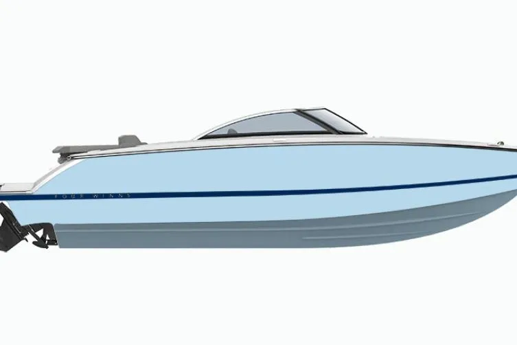 Slide: The Image of 2026 Four Winns H2 boat, sleek design, light blue hull, side view. - 3