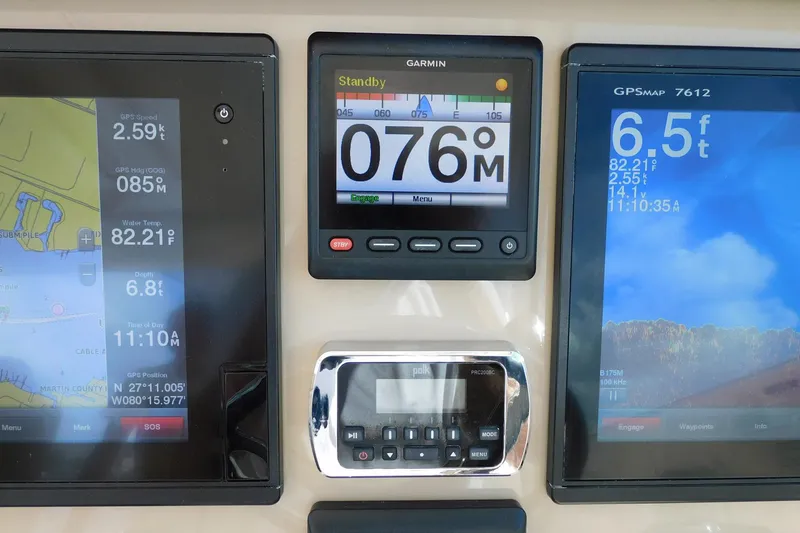 Slide: The Image of 2016 Pursuit DC 325 Dual Console dashboard with Garmin navigation displays and controls. - 19