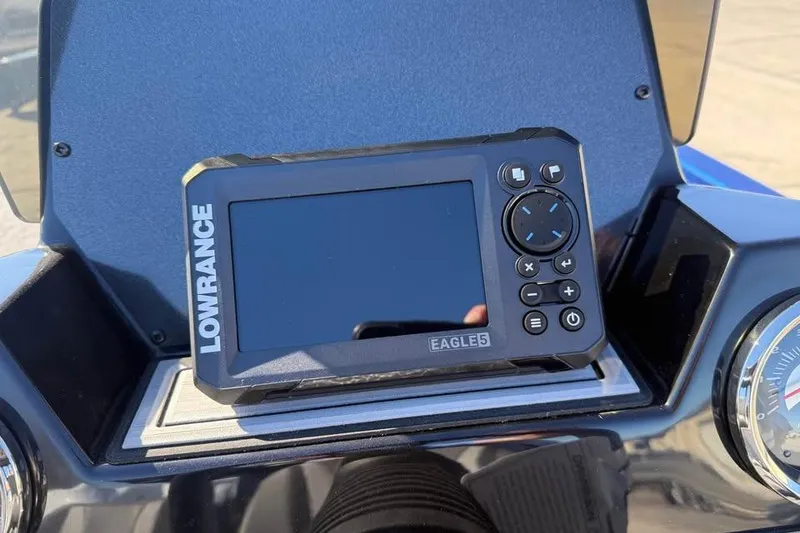 Slide: The Image of Fishfinder display on 2026 Lowe Stinger 175C boat dashboard. - 13