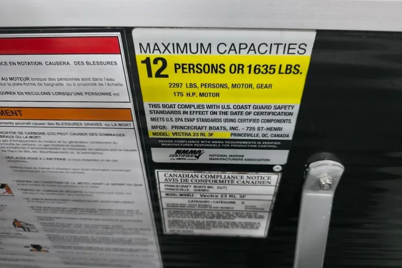 Slide: The Image of 2023 Princecraft Vectra 23 capacity label: 12 persons or 1635 lbs, 175 HP motor. - 15
