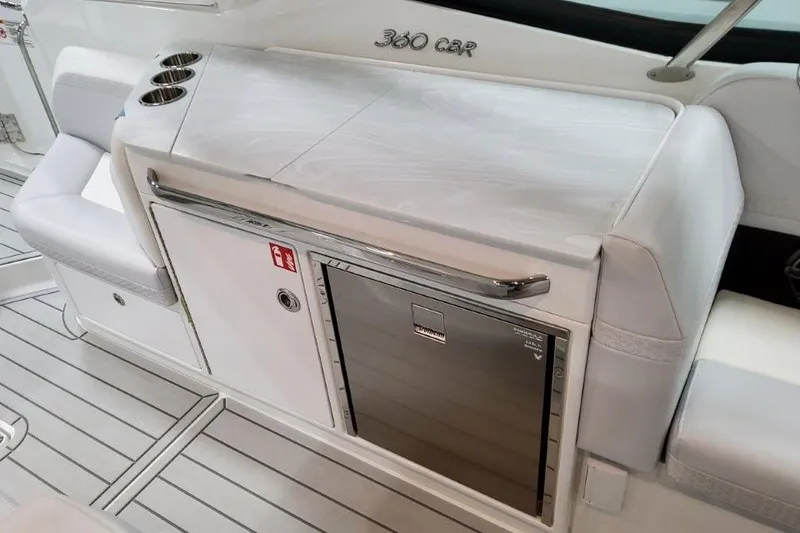 Slide: The Image of 2026 Formula 360 Crossover Bowrider I/O interior with sleek seating and built-in amenities. - 32