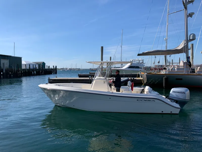 Slide: The Image of 2020 Cobia 237 Center Console boat in harbor. - 1