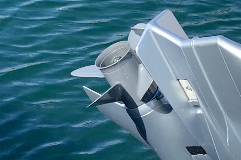 Slide: The Image of Close-up of an outboard motor on a Cobia 237 Center Console boat. - 20