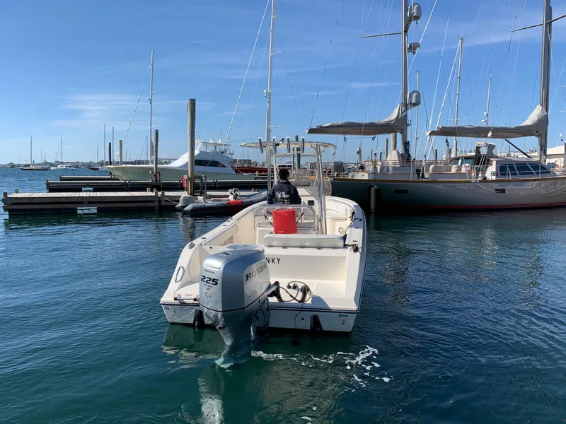 Slide: The Image of 2020 Cobia 237 Center Console boat docked at marina. - 9