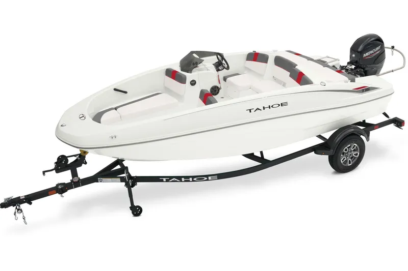 Slide: The Image of Manufacturer Provided Image: 2025 Tahoe T16 boat on trailer, white with red accents, featuring a sleek design. - 7