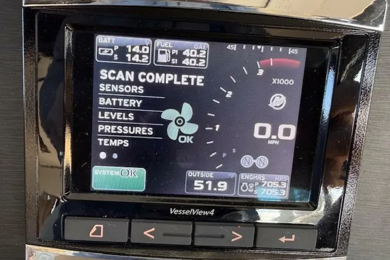 Slide: The Image of Dashboard display of 2016 Sea Ray Sundancer 400 showing system status and engine metrics. - 21