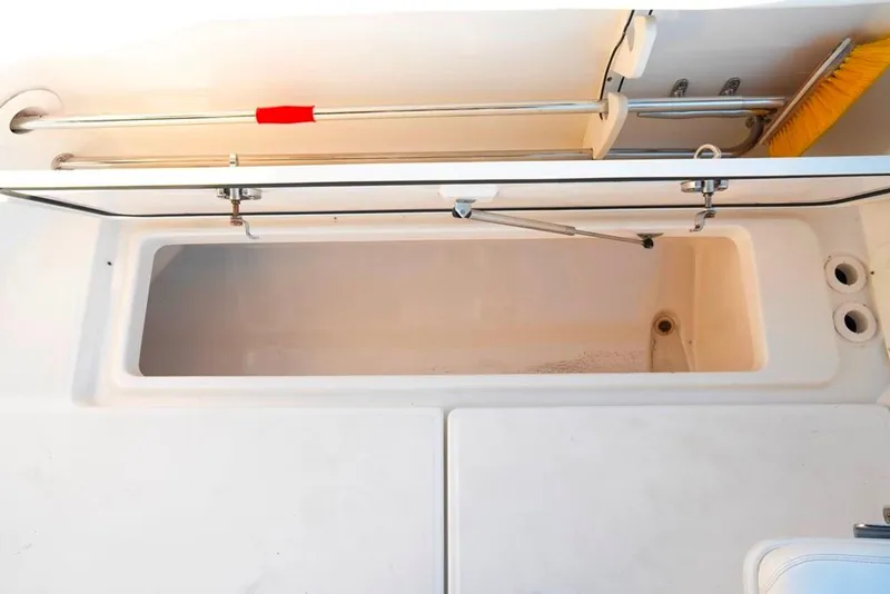 Slide: The Image of 2014 Boston Whaler 315 Conquest storage compartment with cleaning tools and drainage. - 28