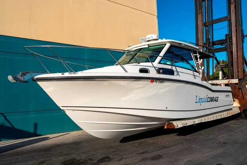 Slide: The Image of 2014 Boston Whaler 315 Conquest boat on a lift, named "Liquid Courage." - 3