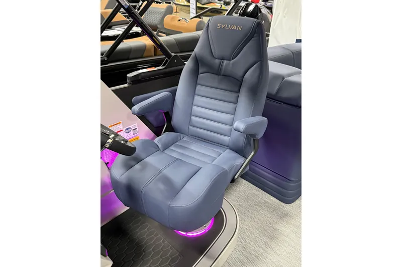 Slide: The Image of Luxurious 2025 Sylvan G3 SLZ boat seat with sleek design and ambient lighting. - 11