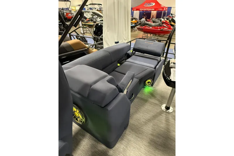 Slide: The Image of 2025 Sylvan G3 SLZ boat interior with luxurious seating and ambient lighting. - 15
