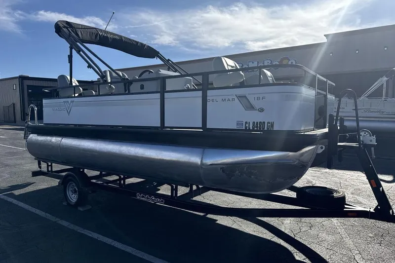 Slide: The Image of 2023 Viaggio Del Mar 18F pontoon boat on trailer in parking lot. - 7