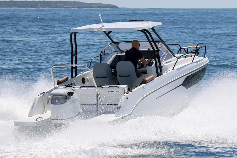 Slide: The Image of Manufacturer Provided Image: 2026 Beneteau Flyer 8 SUNdeck cruising on open water, showcasing sleek design and performance. - 1
