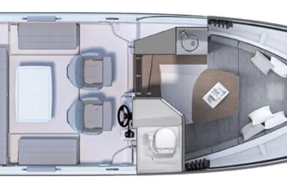 Slide: The Image of Top view of 2026 Beneteau Flyer 8 SUNdeck layout, featuring seating and cabin areas. - 19