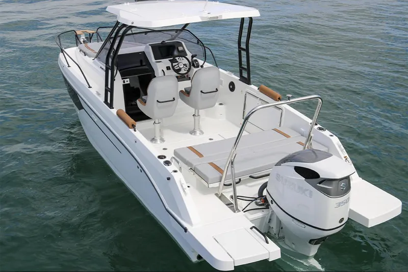 Slide: The Image of Manufacturer Provided Image: 2026 Beneteau Flyer 8 SUNdeck boat on water, featuring sleek design and modern amenities. - 4