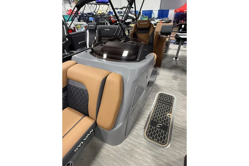 Slide: The Image of 2026 Sylvan L3 LZ DH boat interior with tan and gray seating, modern design. - 5