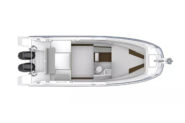Slide: The Image of Manufacturer Provided Image: Top view of 2026 Beneteau Flyer 9 SPACEdeck boat layout with twin engines. - 8