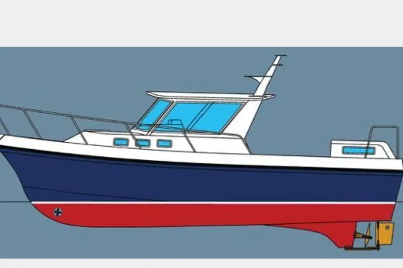 Slide: The Image of 2004 Albin 30 Family Cruiser boat illustration, blue and red hull, side view. - 59