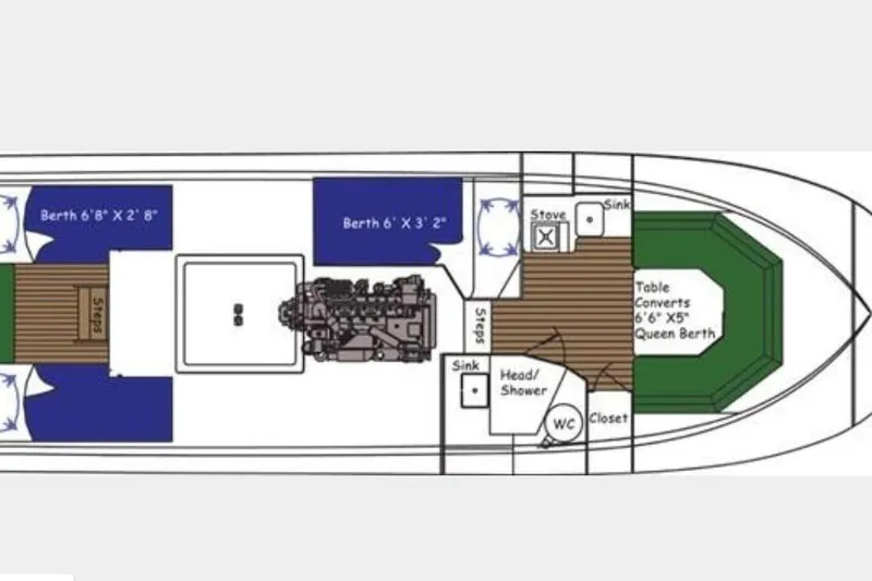 Slide: The Image of Floor plan of a 2004 Albin 30 Family Cruiser, featuring berths, kitchen, and bathroom. - 61