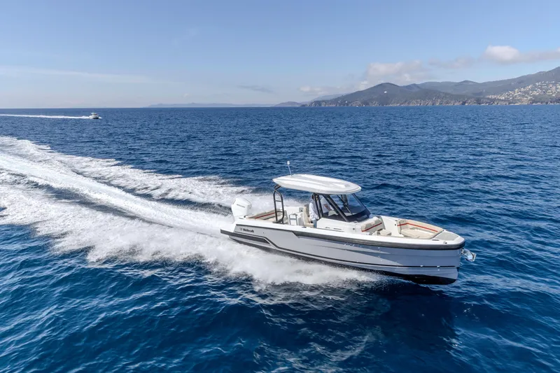 Slide: The Image of 2026 Wellcraft 28 T-Top boat cruising on open sea with scenic coastline in background. - 30
