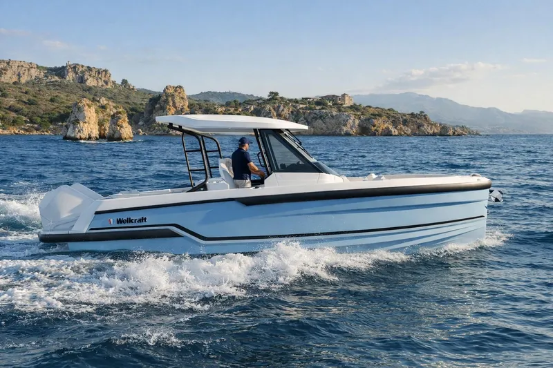 The Image of 2026 Wellcraft 28 T-Top boat cruising on scenic ocean waters near rocky coastline. - 5