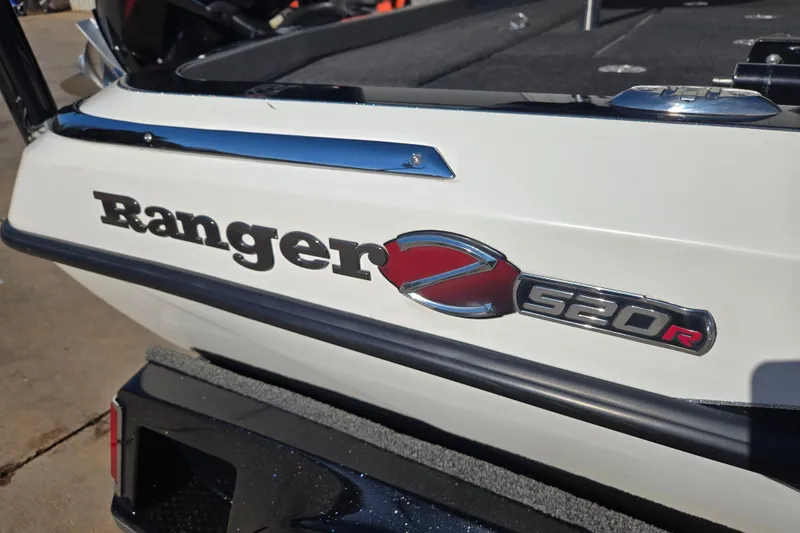 Slide: The Image of 2022 Ranger Z520R boat logo on white exterior, close-up view. - 16