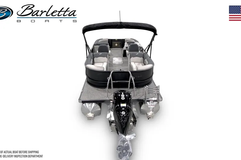 Slide: The Image of 2026 Barletta SANZA 22QC pontoon boat, rear view, showcasing seating and motor. - 3