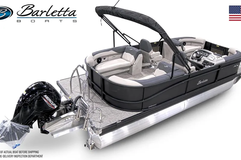 Slide: The Image of 2026 Barletta SANZA 22QC pontoon boat with Mercury engine and sleek black design. - 4