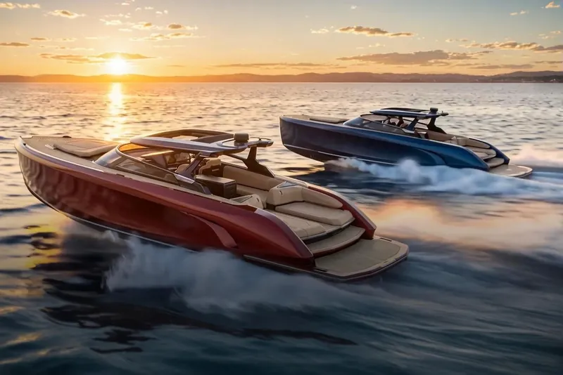 Slide: The Image of Two Flynt Yachts Revolante 48 models cruising at sunset, 2026. - 0