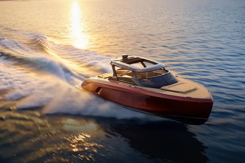 Slide: The Image of Luxury Flynt Yachts Revolante 48 cruising at sunset, 2026 model. - 1