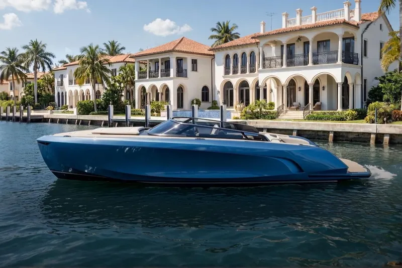 Slide: The Image of Luxury Flynt Yachts Revolante 48, 2026 model, cruising near elegant waterfront villas. - 2