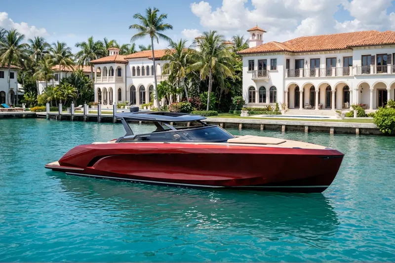 Slide: The Image of Luxurious 2026 Flynt Yachts Revolante 48 cruising by elegant waterfront villas. - 3