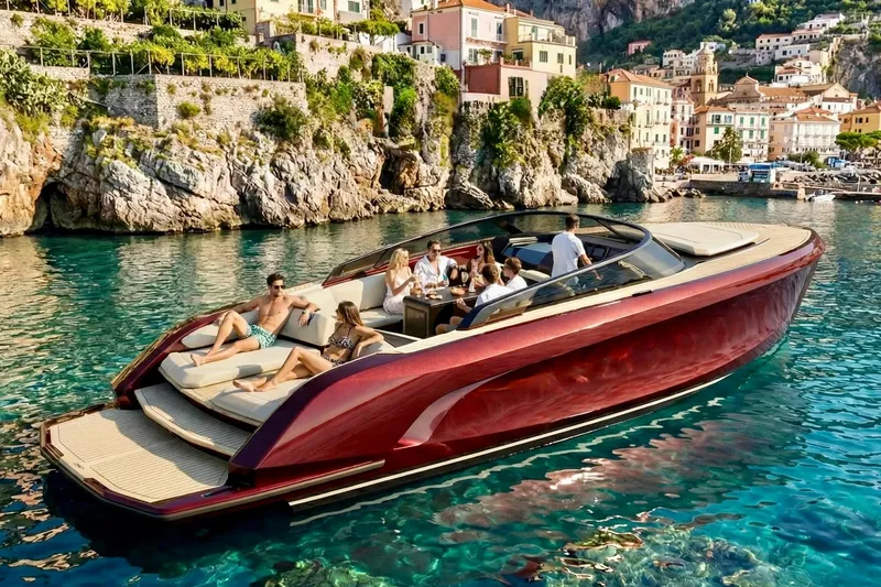 Slide: The Image of Luxurious Flynt Yachts Revolante 48 cruising near scenic coastal village, 2026 model. - 4