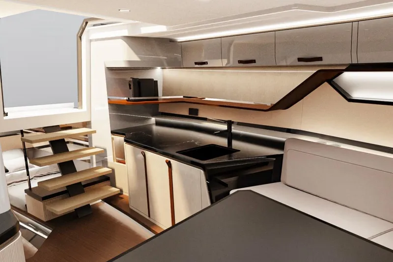 Slide: The Image of Luxurious interior of 2026 Flynt Yachts Revolante 48, featuring modern kitchen and seating area. - 7