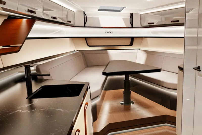 Slide: The Image of Luxurious interior of 2026 Flynt Yachts Revolante 48, featuring modern seating and sleek design. - 8
