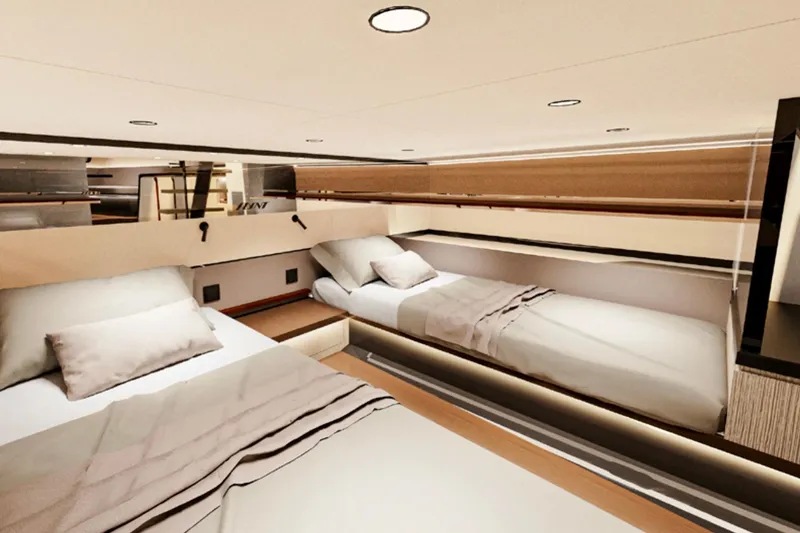 Slide: The Image of Luxurious interior of 2026 Flynt Yachts Revolante 48, featuring twin beds and modern design. - 9