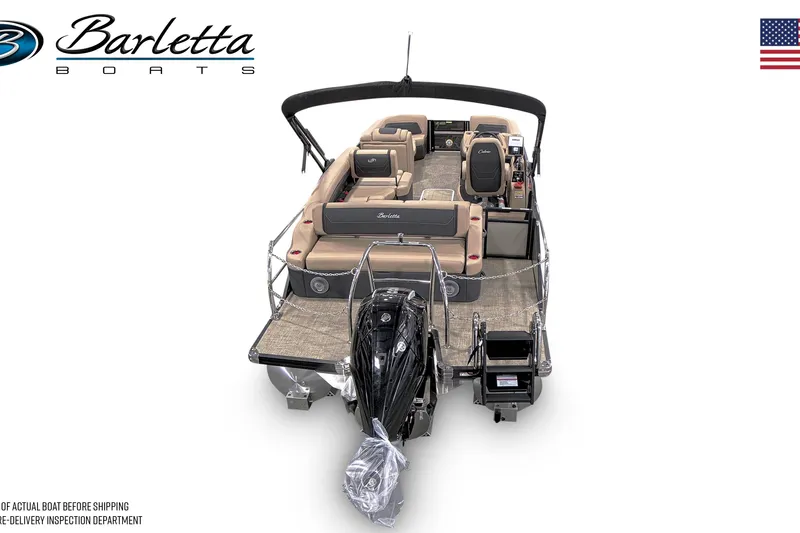 Slide: The Image of 2026 Barletta Cabrio 22U pontoon boat, rear view, showcasing seating and motor. - 2