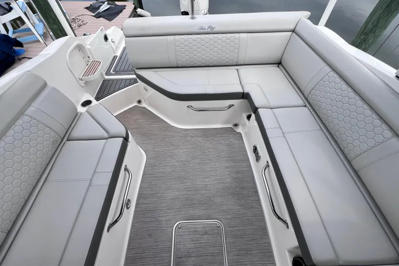 Slide: The Image of 2020 Sea Ray SDX 270 Outboard boat interior with luxurious seating and modern design. - 23