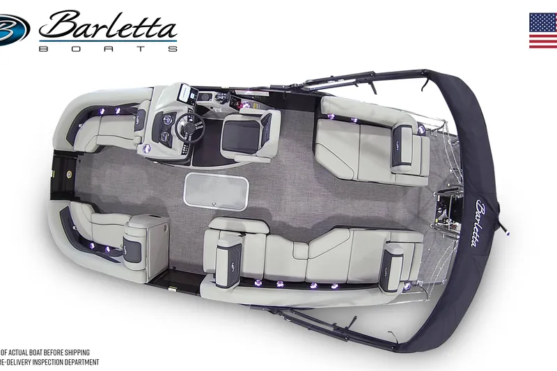 Slide: The Image of 2026 Barletta Cabrio 22M pontoon boat interior with seating and helm, top view. - 6