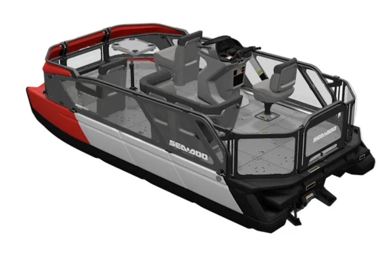 Slide: The Image of 2026 Sea-Doo Switch Compact pontoon boat, red and white design, spacious seating. - 5