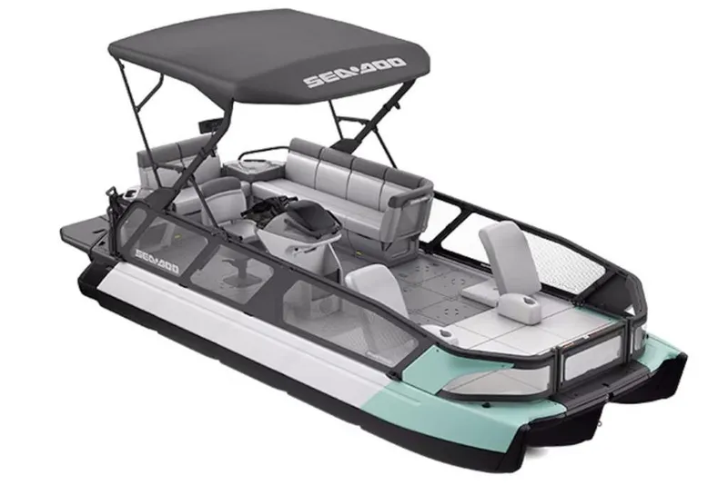The Image of 2026 Sea-Doo Switch Sport 21 pontoon boat with canopy and modern seating design. - 1