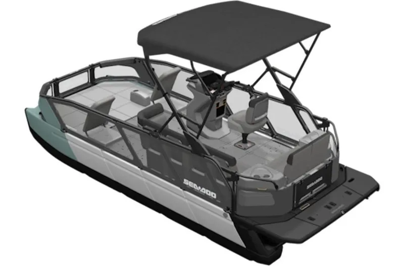 Slide: The Image of 2026 Sea-Doo Switch Sport 21 pontoon boat with canopy and seating. - 5