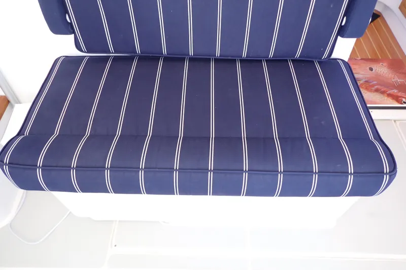 Slide: The Image of Blue striped seat cushion on 2023 True North 34 Outboard Express boat. - 117