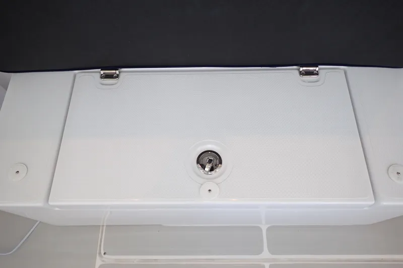 Slide: The Image of 2023 True North 34 Outboard Express deck hatch with secure latch. - 118