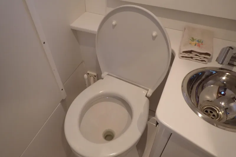 Slide: The Image of 2023 True North 34 Outboard Express bathroom with toilet and stainless steel sink. - 74