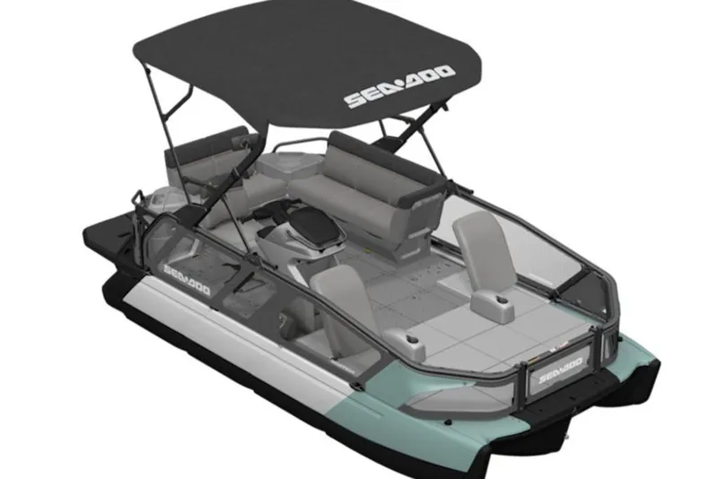 The Image of 2026 Sea-Doo Switch Sport 18 pontoon boat with canopy and seating arrangement. - 0