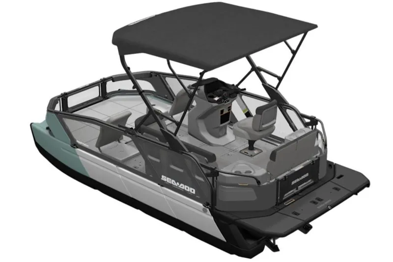 Slide: The Image of 2026 Sea-Doo Switch Sport 18 pontoon boat with canopy and modern design. - 4
