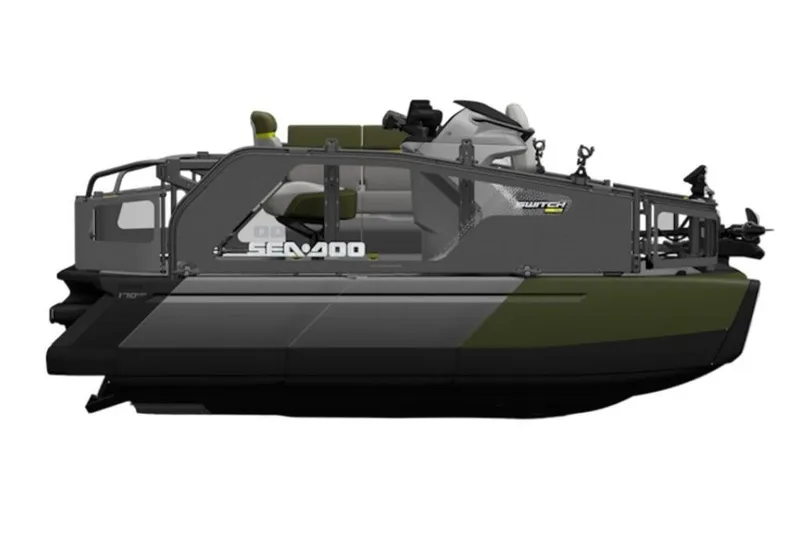 Slide: The Image of 2026 Sea-Doo Switch Fish Compact, side view, sleek design, modern watercraft. - 3