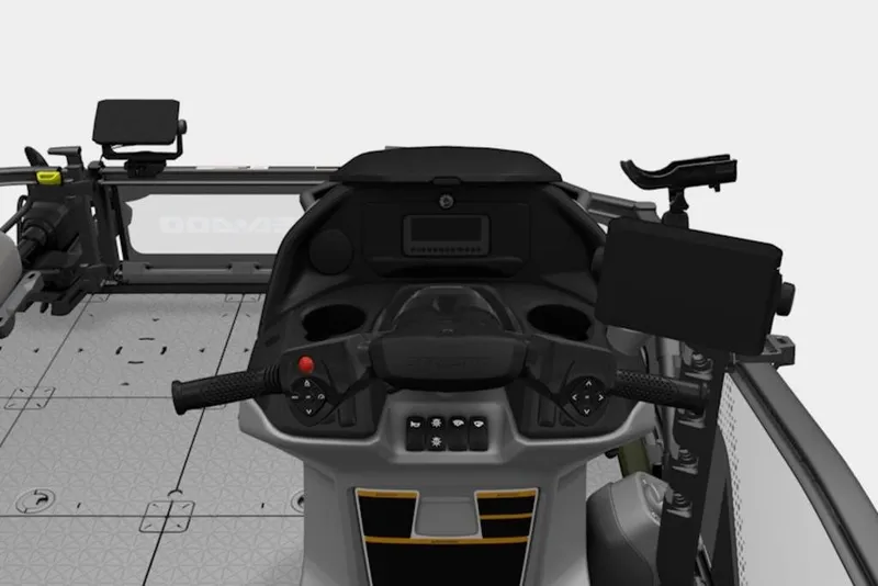 Slide: The Image of 2026 Sea-Doo Switch Fish Compact dashboard with steering controls and mounted devices. - 5